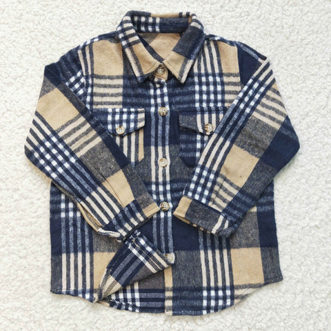 BT0186 Boys Khaki Blue Plaid Long Sleeve Shirt