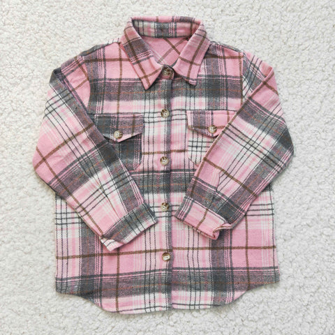 GT0094 Girls Pink Plaid Print Long Sleeve Shirt