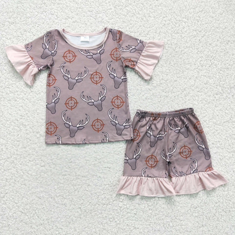 GSSO0138 Summer Girl Cartoon Cow Head Print Short Sleeve Suit