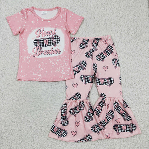GSP00320 Autumn and Summer Girls Short-sleeved Flared Pants Pink Suit