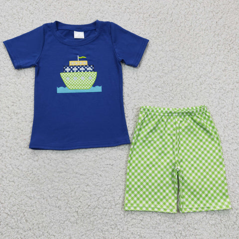 BSSO0097 Boys Blue Set Cotton Embroidered Boat Pattern Green Check Shorts