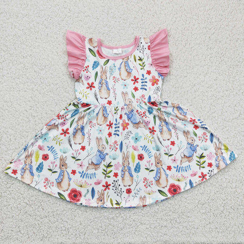 GSD0229 Pink Rabbit Print Girls Little Fly Sleeve Easter Dress