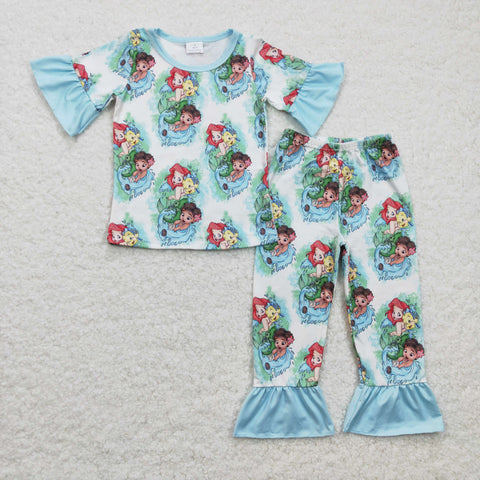 GSPO0394 Mermaid Print Girls Short Sleeve Trousers Set
