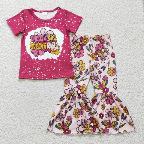 GSPO0414 Floral Print Girls Short Sleeve Flared Pants Set