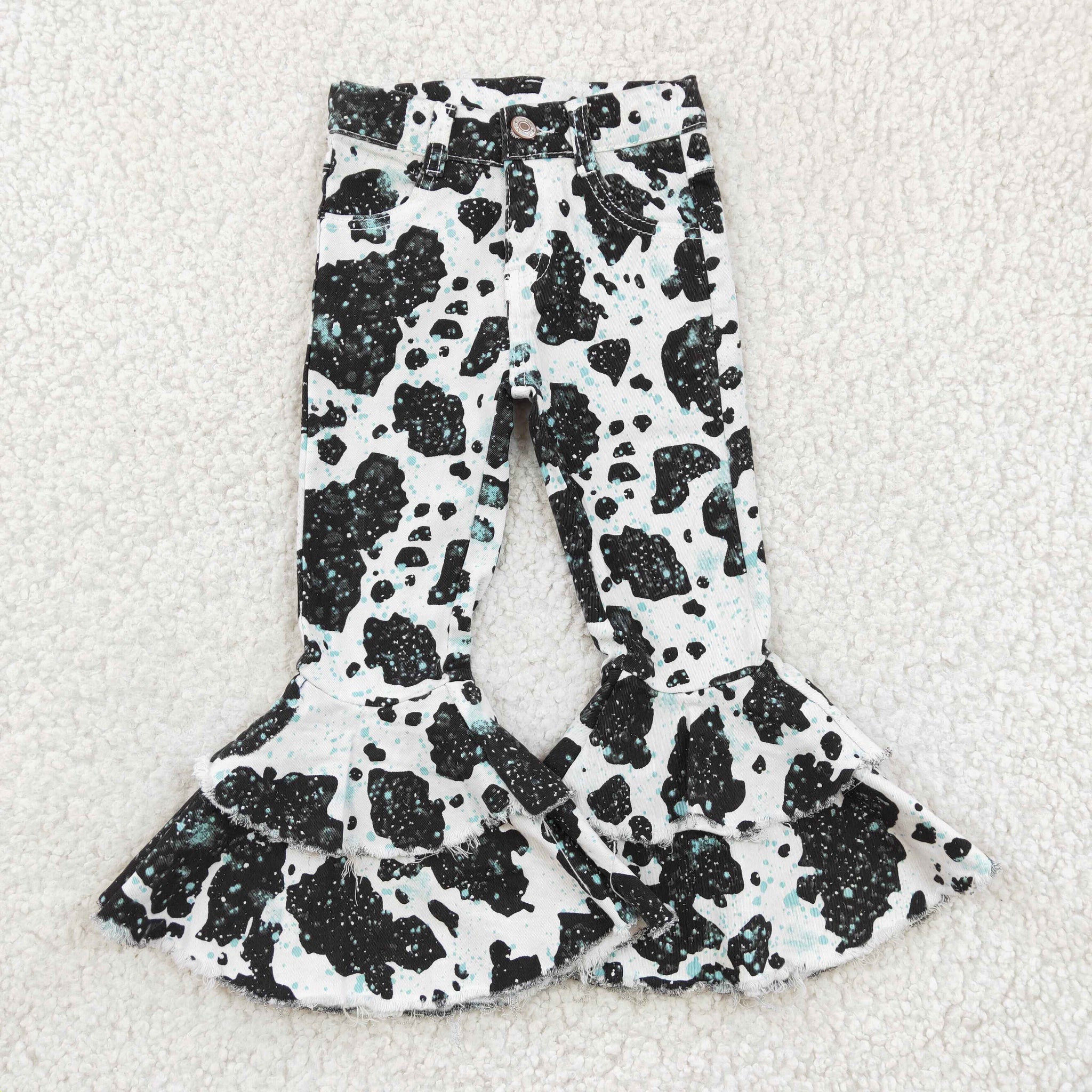 P0031 Black Grey Girls Denim Flared Pants