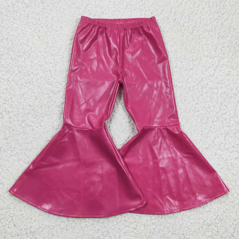 P0048 Children's girls rose red leather material rose red flared pants