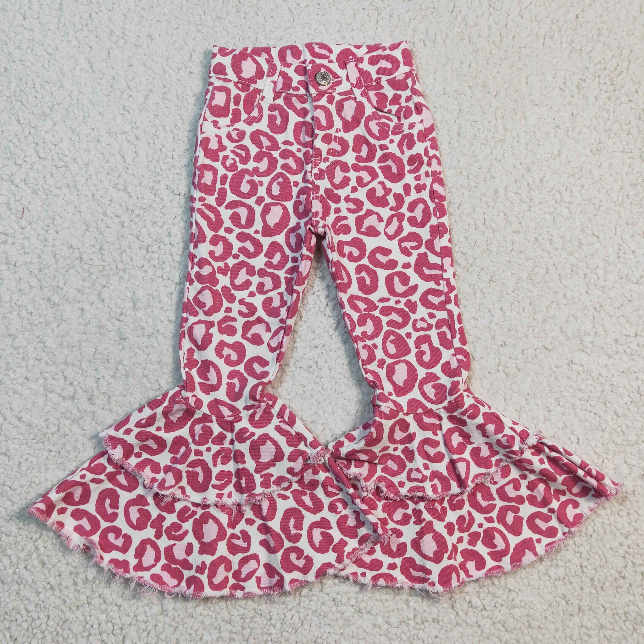 P0044 Girls Pink Leopard Denim Flared Pants