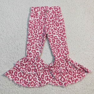 P0044 Girls Pink Leopard Denim Flared Pants