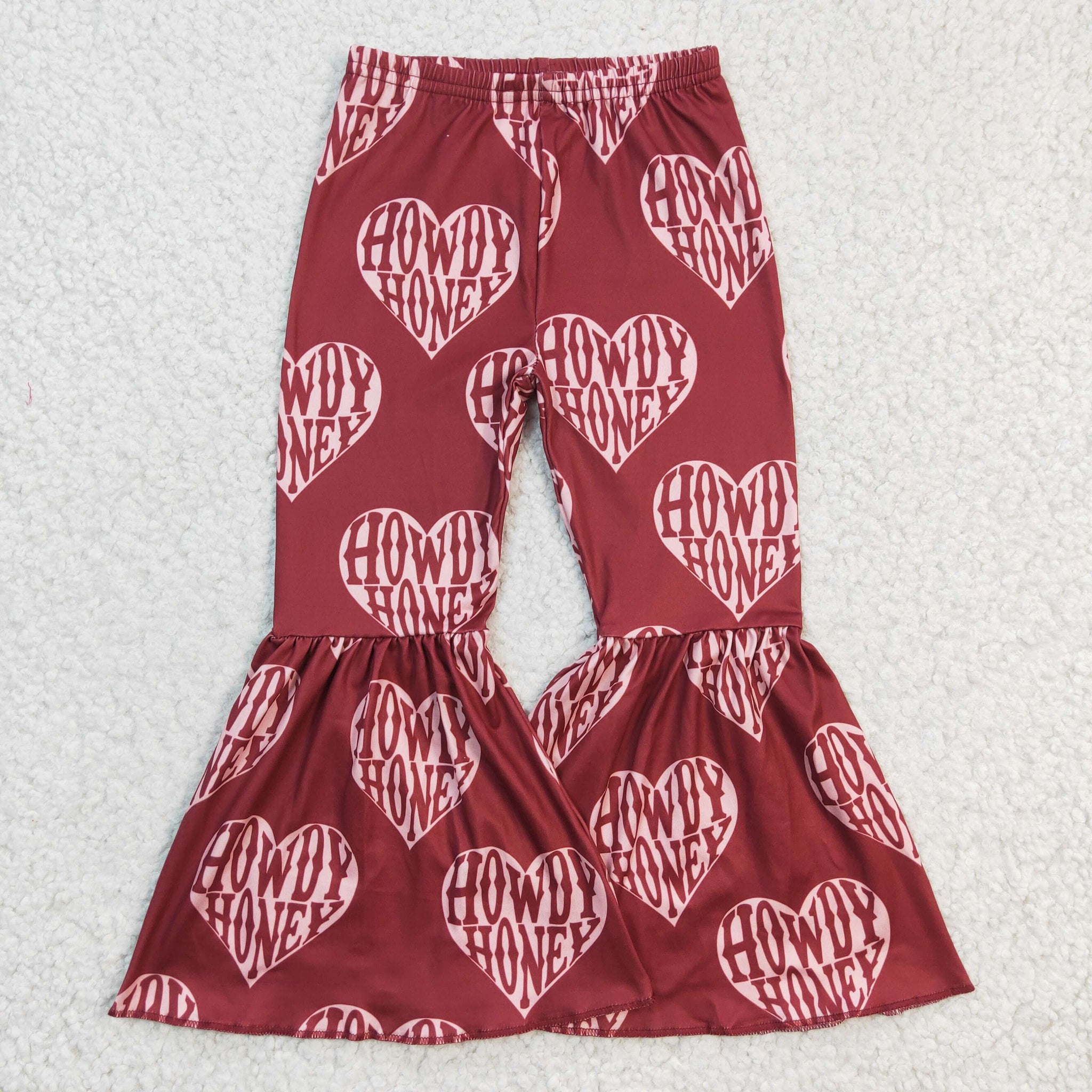 P0052 Heart Print Girl Wine Red Bell Bottom Pants
