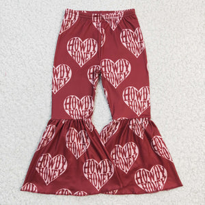 P0052 Heart Print Girl Wine Red Bell Bottom Pants