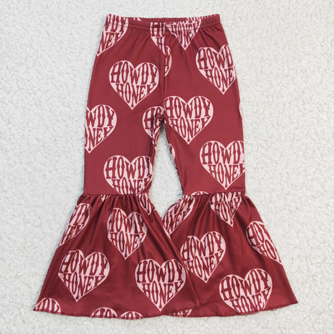 P0052 Heart Print Girl Wine Red Bell Bottom Pants