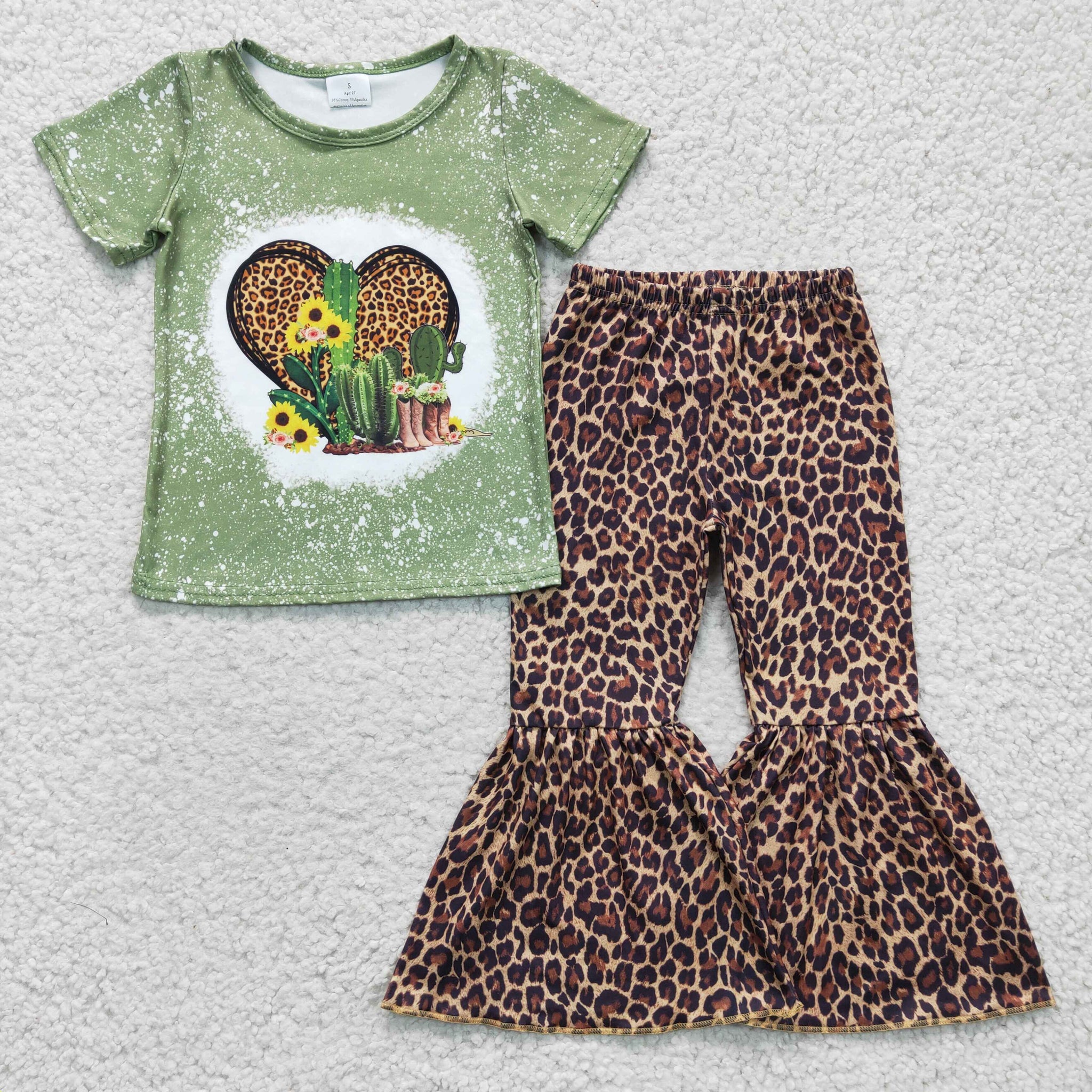 GSPO0323 Valentine's Day Girl Love Cactus Print Short Sleeve Flared Pants Set