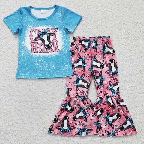 GSPO0415 Cow Print Girls Blue Short Sleeve Flared Pants Set