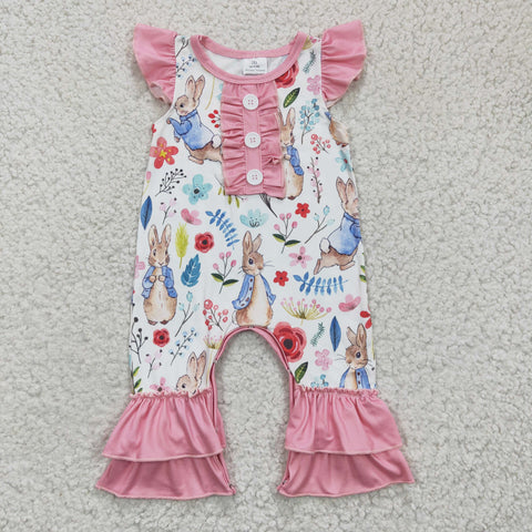 SR0198 Easter baby girl bunny print small flying sleeve romper