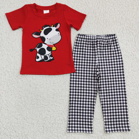 BSPO0057 Boys Cow Print Black Short Sleeve Straight Leg Pants Set
