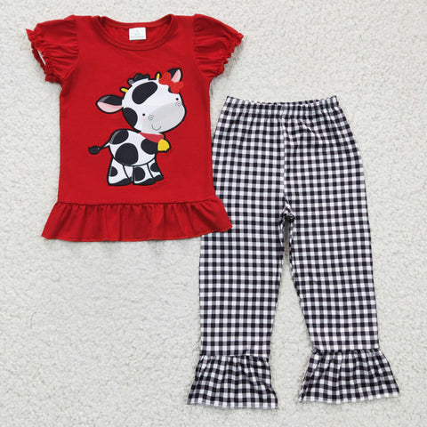 GSPO0342 Cow print girl red puff sleeve top ruffle trousers