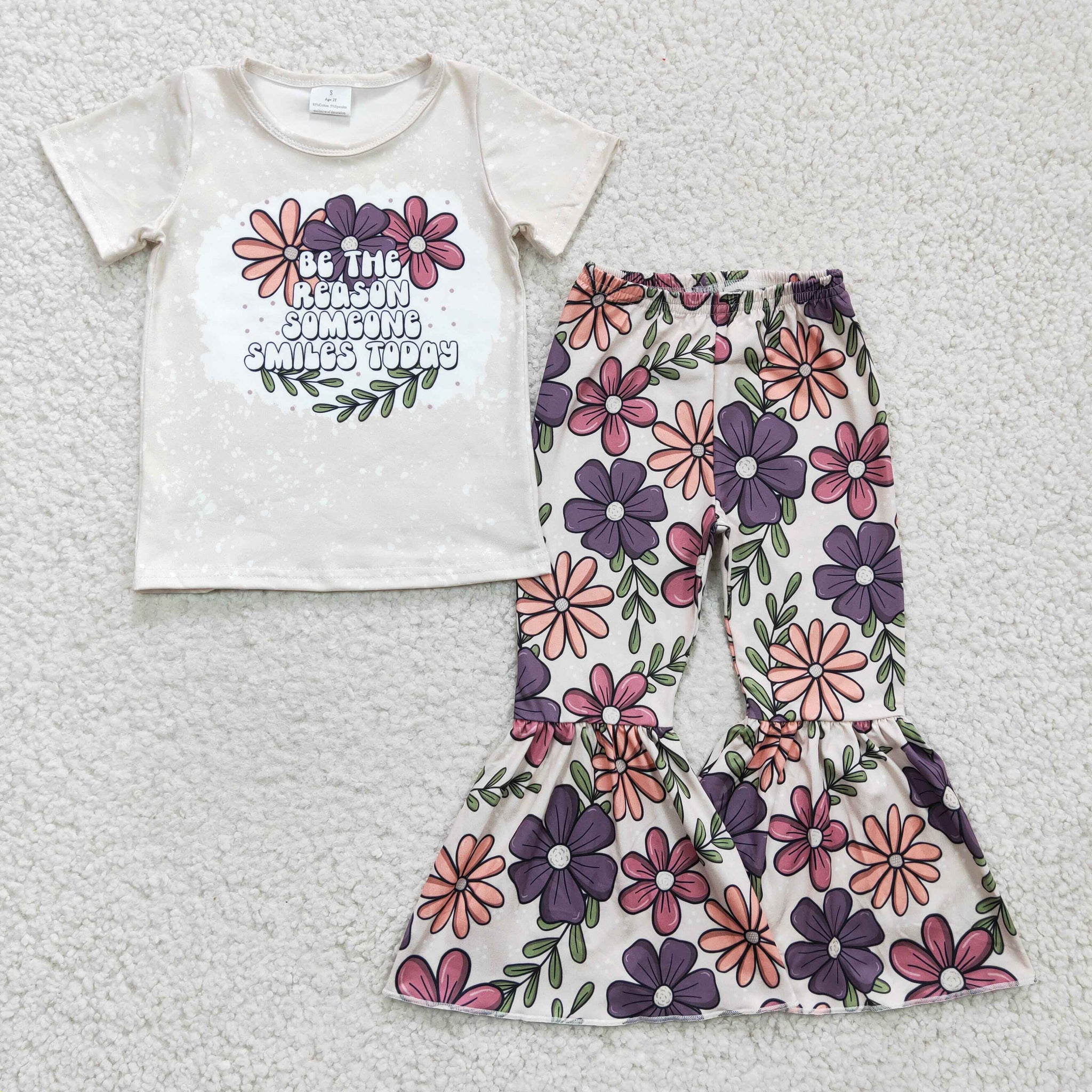 GSPO0348 Girls Floral Print Short Sleeve Flared Pants Set