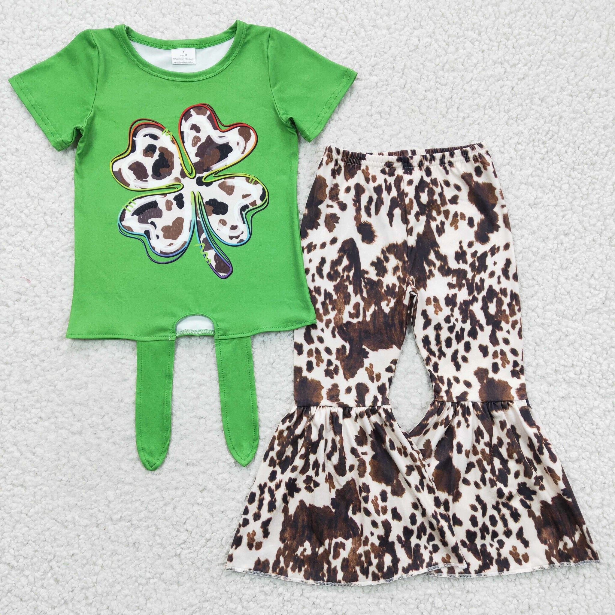 GSPO0297 St. Patrick's Girls Green Short Sleeve Flared Pants Set