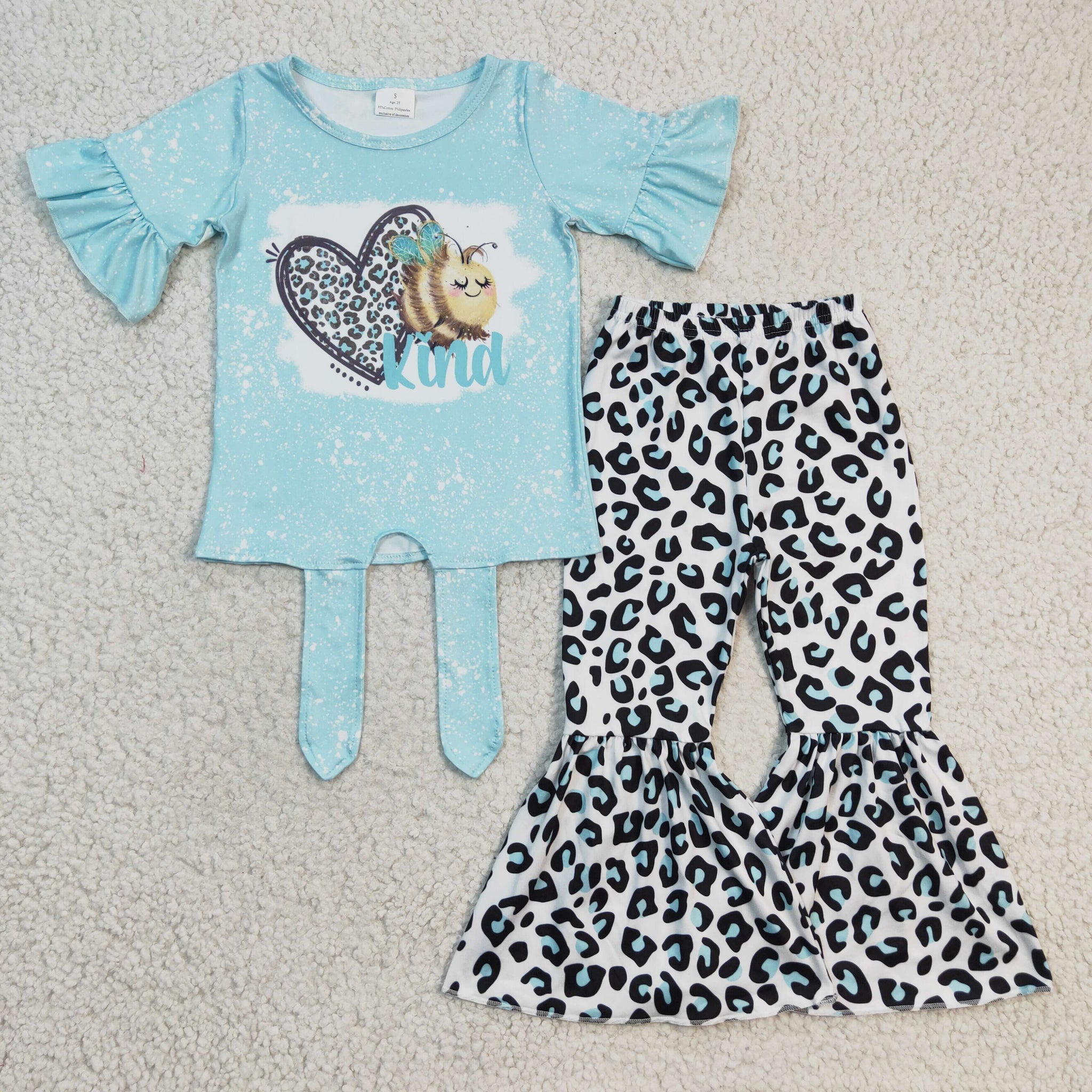 GSPO0360 Valentine's Day Girls Blue Leopard Print Flared Pants Set