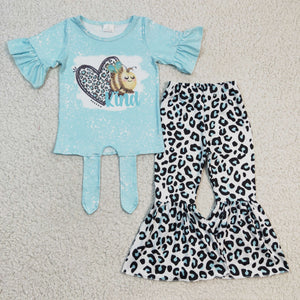 GSPO0360 Valentine's Day Girls Blue Leopard Print Flared Pants Set