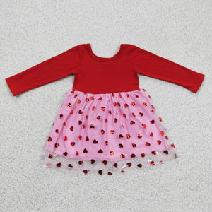 GLD0171 Valentine's Day Love Print Skirt Mesh Red Long Sleeve Dress