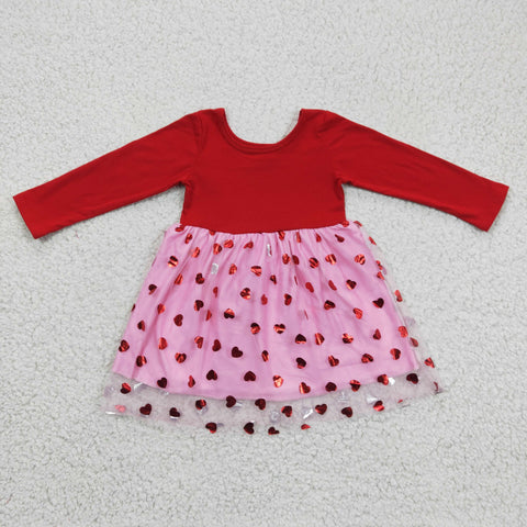 GLD0171 Valentine's Day Love Print Skirt Mesh Red Long Sleeve Dress