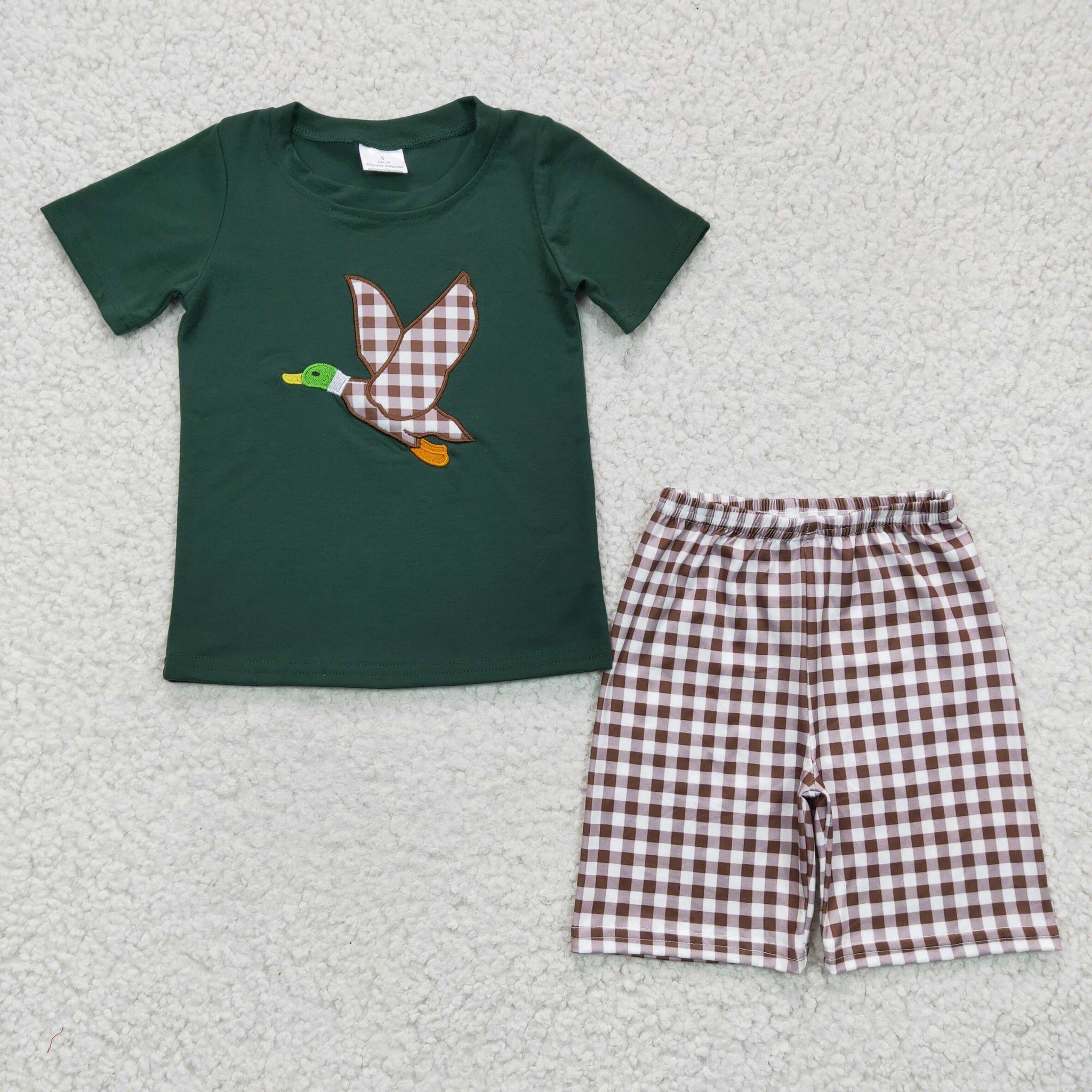 BSSO0117 Green Cotton Embroidered Bird Print Brown Plaid Shorts