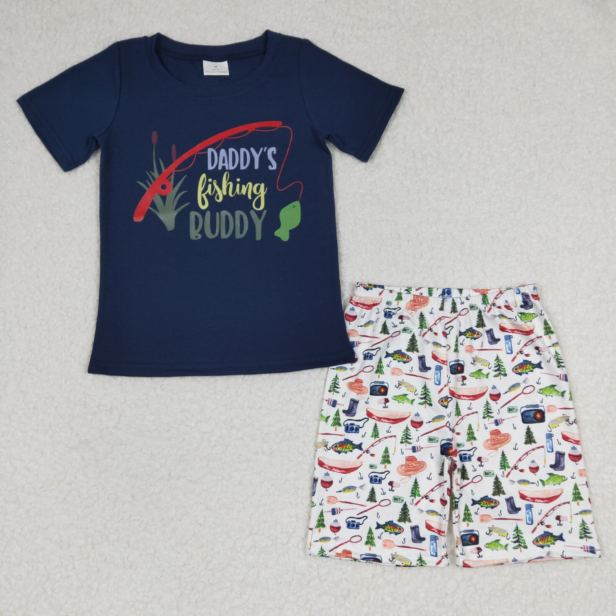 Navy Blue Boys Cotton Suit Fishing Tools Print