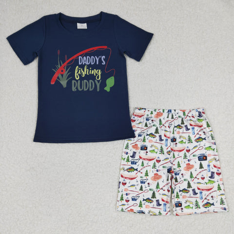 Navy Blue Boys Cotton Suit Fishing Tools Print