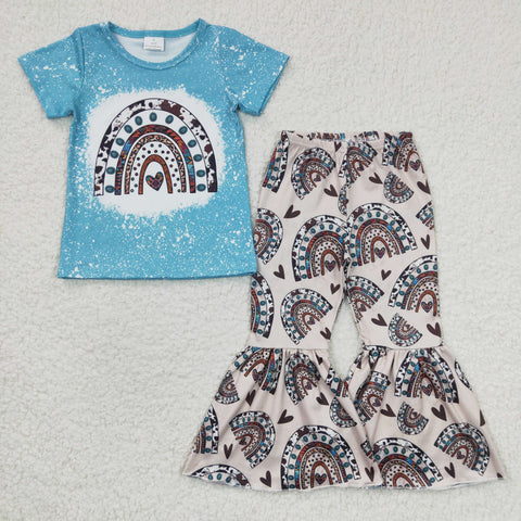 GSPO0338 Girls Blue Short Sleeve Flared Pants Set