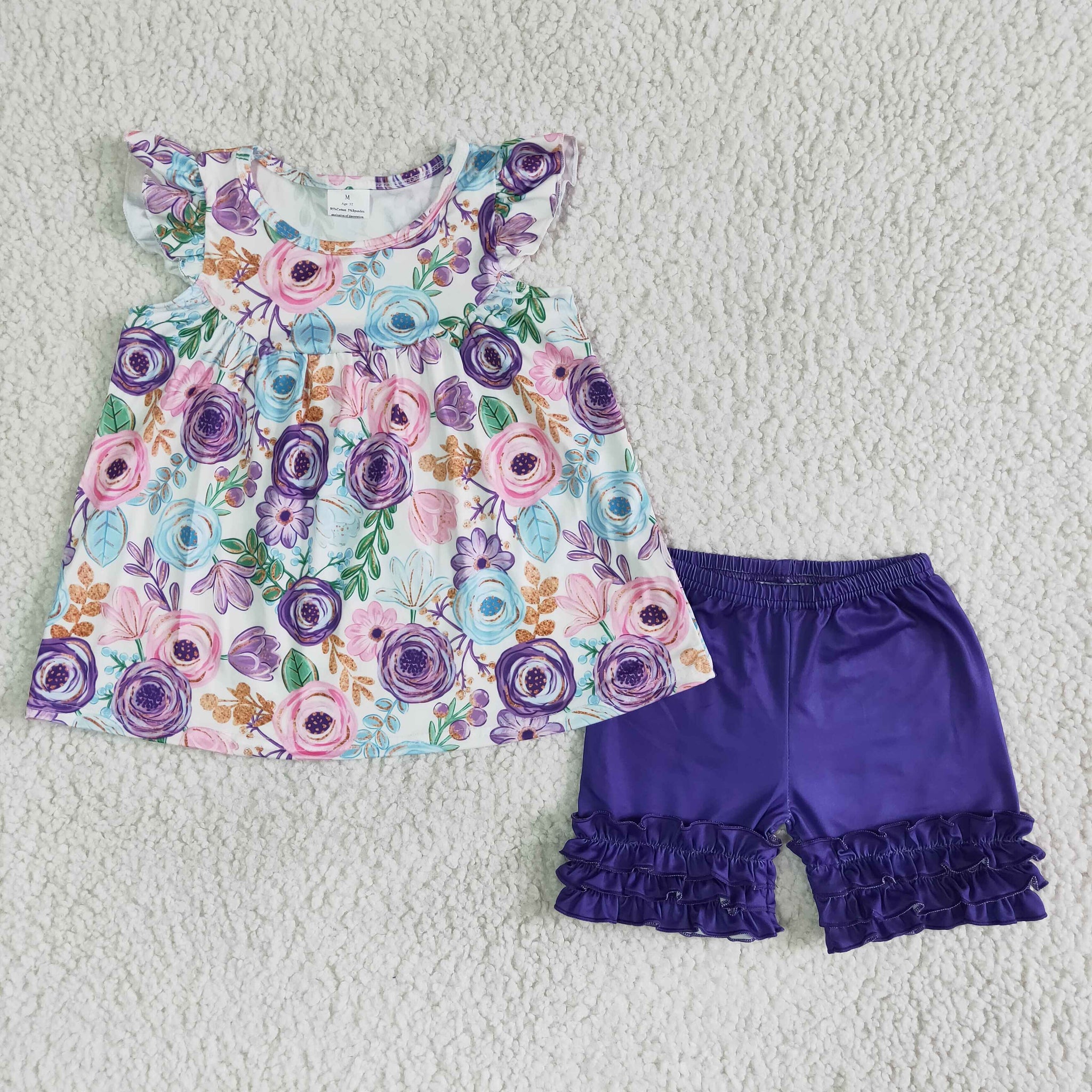 B17-27 Baby Girls Flower Flutter Sleeve Purple Ruffles Shorts Sets