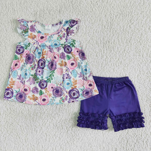 B17-27 Baby Girls Flower Flutter Sleeve Purple Ruffles Shorts Sets