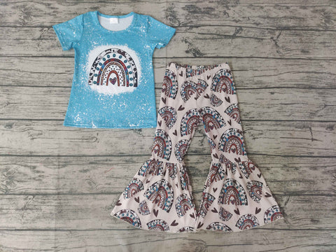 GSPO0338 baby girls Valentine's Day love blue rainbow long-sleeved trouser suit