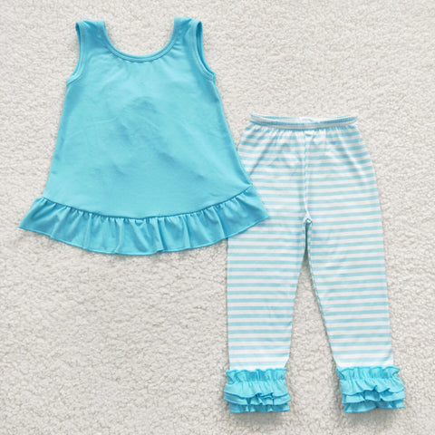 GSPO0504 Baby Girls Green Lace Striped Vest Trousers Set