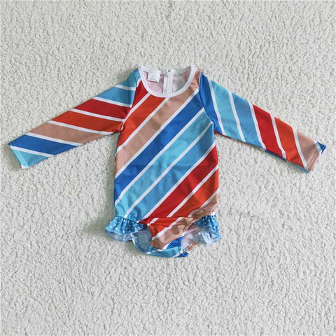 S0007 Long Sleeve Blue Slash Stripe One-Piece Swimsuit