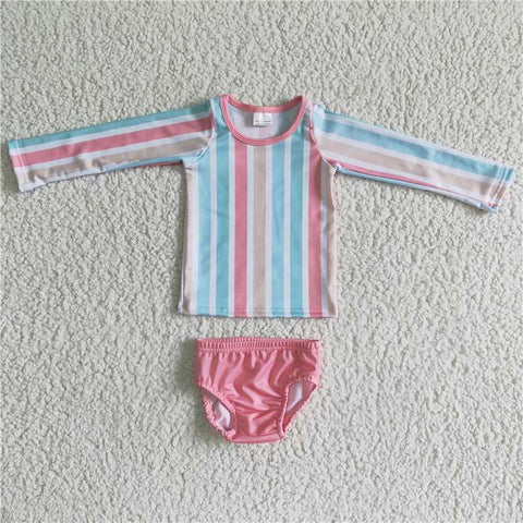 S0020 Girls Color Striped Long Sleeve Pink Briefs Swimsuit Set B