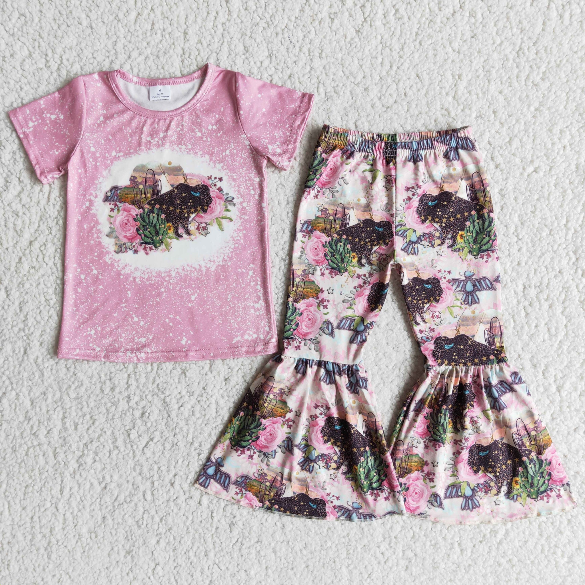 Baby Girls Lovely Pink Cattle Short Sleeve and Bell Bottoms Pants Sets Kids