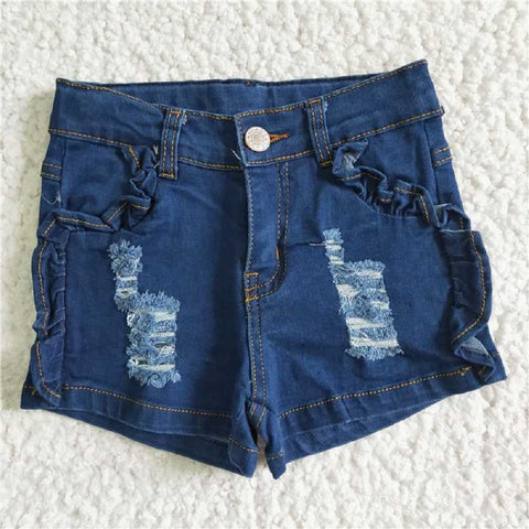 SS0014 Girls Denim Dark Blue Ripped Shorts