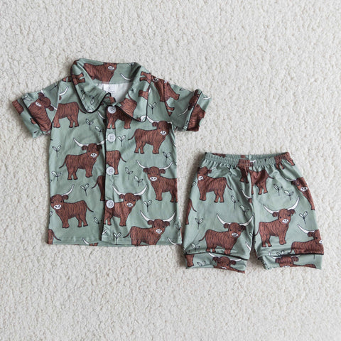 E14-1 Baby Boys Bull Summer Pajamas Buttons Shorts Sets Nightclothes