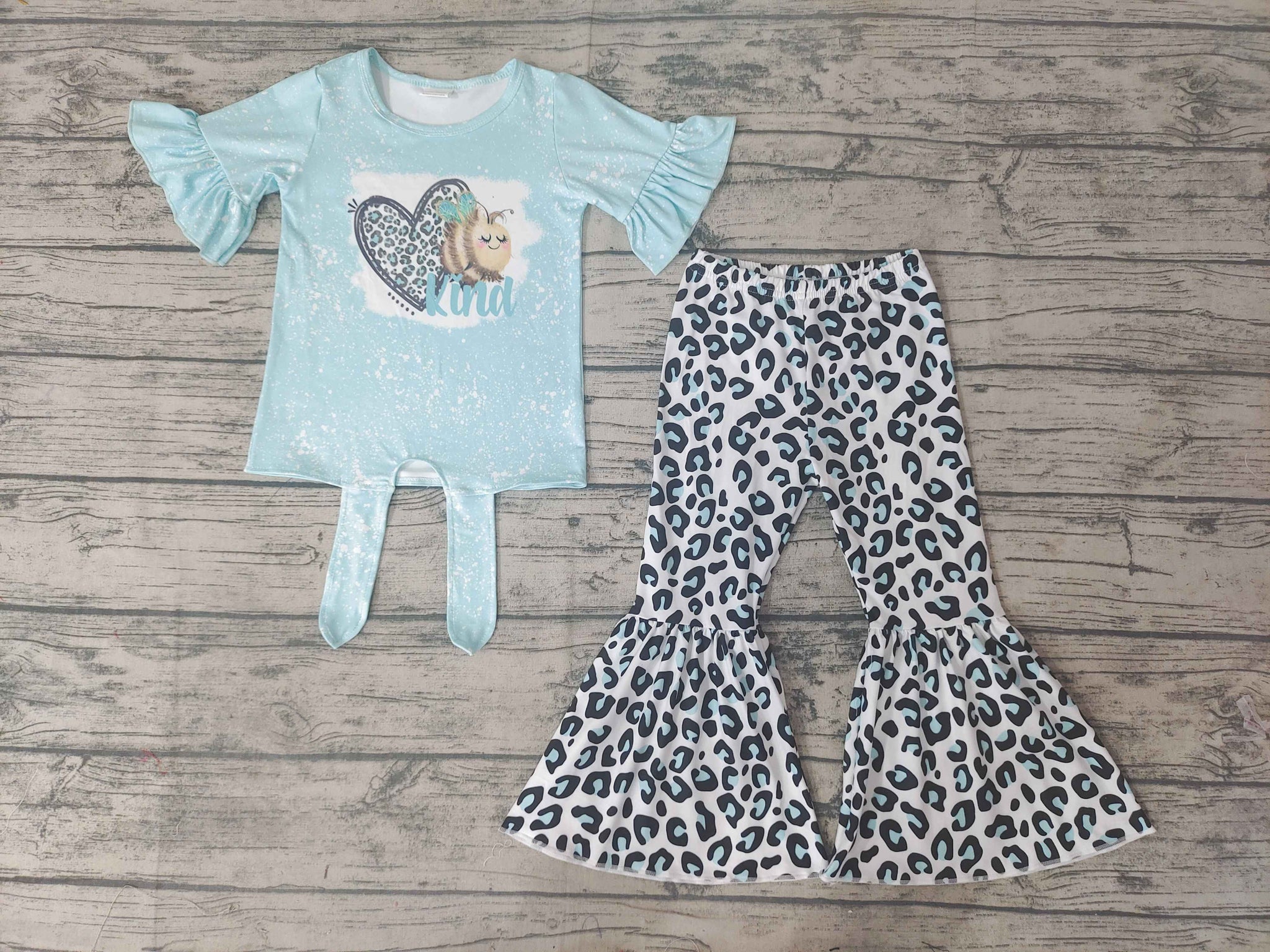 GSPO0360 kids Clothing Girls Light blue love leopard print Short Sleeves Bell Bottom Pants