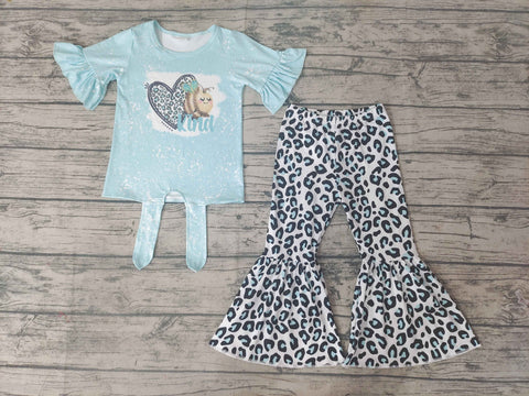 GSPO0360 kids Clothing Girls Light blue love leopard print Short Sleeves Bell Bottom Pants