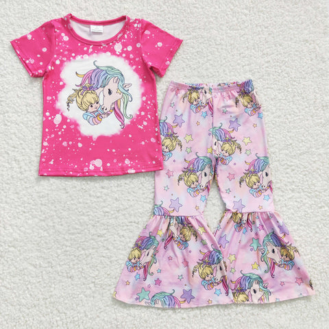 GSPO0465 Girls Cartoon Little Girl Rose Red Short-sleeved Trousers Set