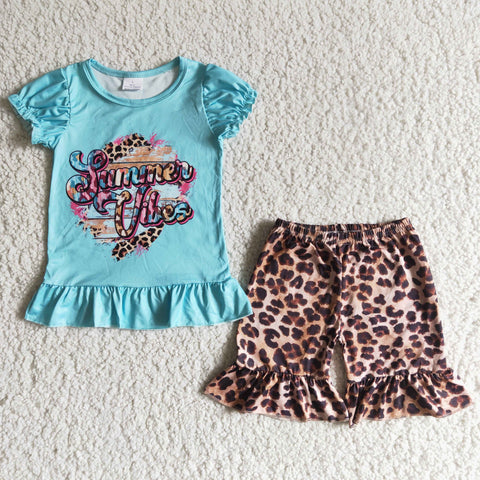 B12-30 Baby Girls Blue Lantern Sleeve Ruffles Leopard Shorts Sets