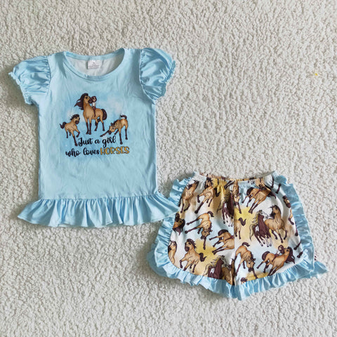 B17-30 Baby Girls Horse Flutter Lantern Sleeve Ruffles Shorts Sets