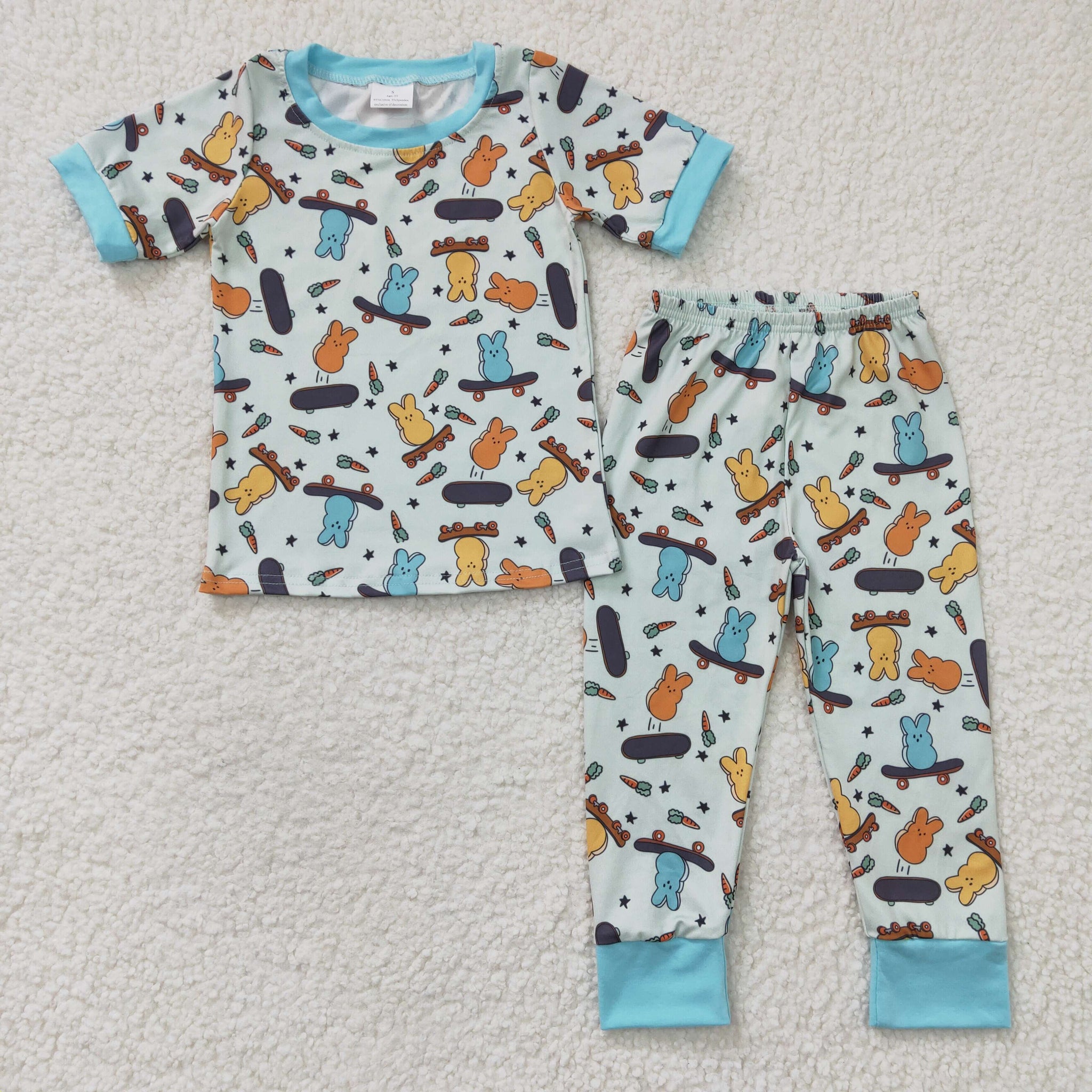 BSPO0077 Baby Boys Easter Bunny Short Sleeve and Blue Long Pants Sets