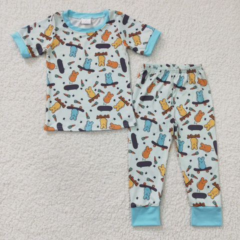 BSPO0077 Baby Boys Easter Bunny Short Sleeve and Blue Long Pants Sets