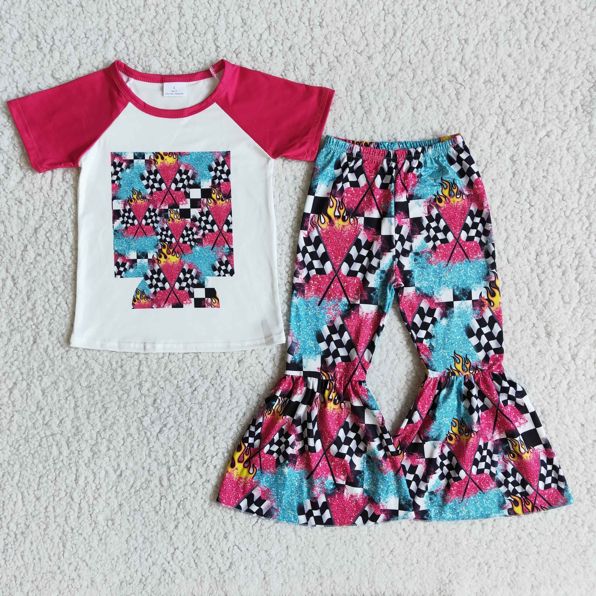 B2-14 Black and White Squares Baby Short Sleeve and Bell Bottoms Pants Sets