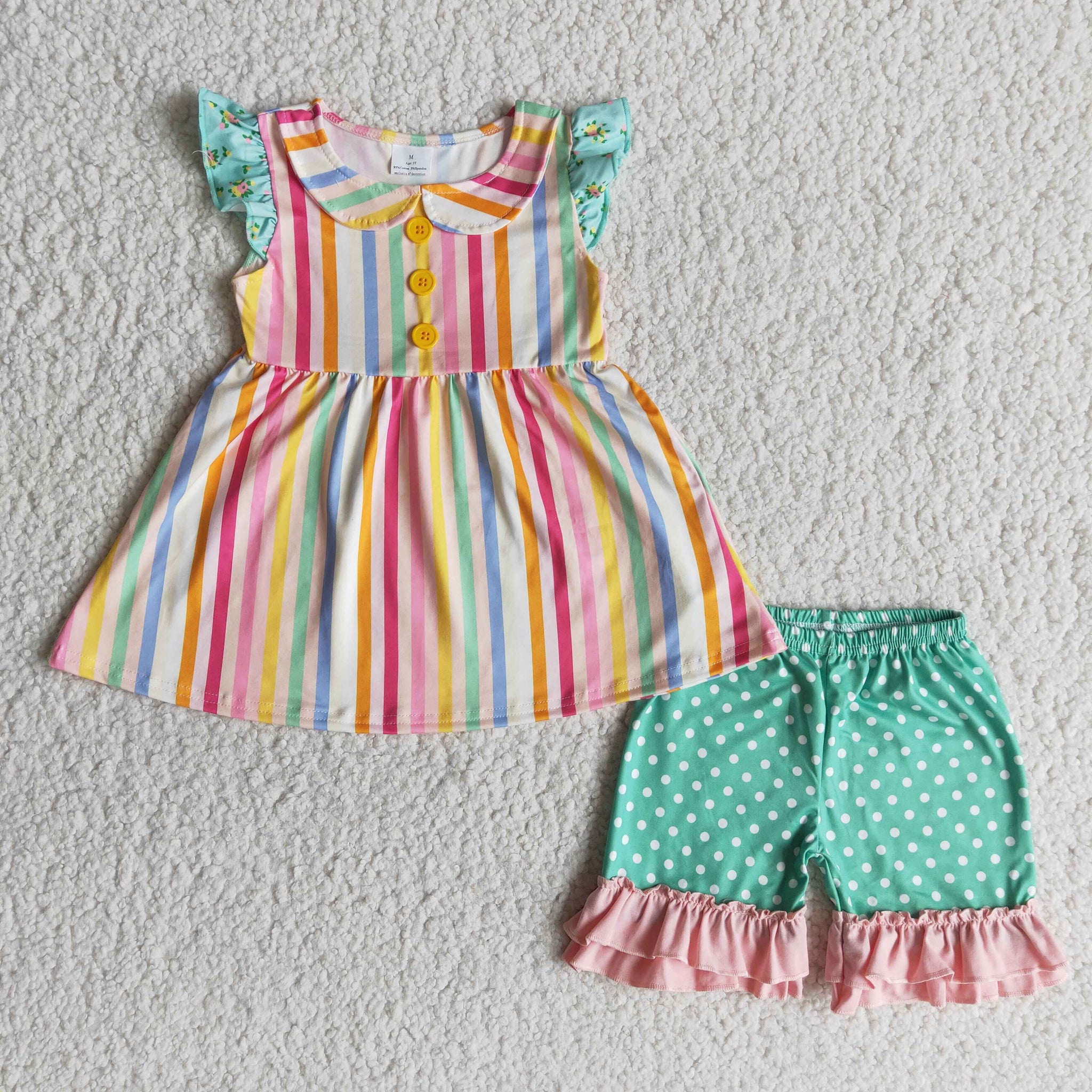 A15-9 Baby Girls Colorful Stripe Pearl Sleeve Summer Shorts Sets