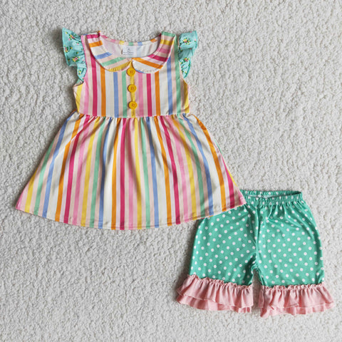 A15-9 Baby Girls Colorful Stripe Pearl Sleeve Summer Shorts Sets