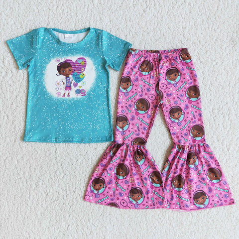 B1-28 Baby Bleached Short Sleeve and Bell Bottoms Pants Sets